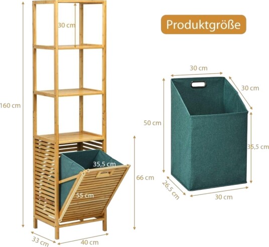 Cwy Baderom høyskap med skittentøyskurv laget av bambus med hyller ideell for bad 40 x 33 x 160 cm naturlig