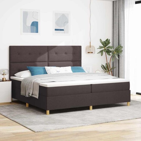 Box Spring Seng med Madrass & LED Mørk Brun 200x200 cm Stoff