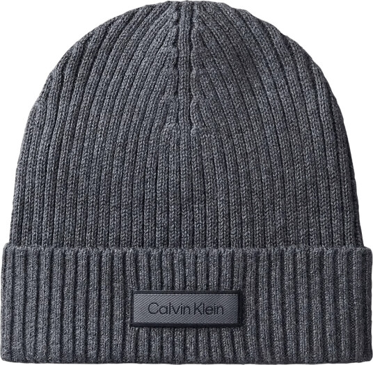 Calvin Klein Patch Chunky Rib Cotton Beanie   Grey   ONE SIZE