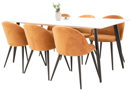 Venture Design Polar & Velvet spisegruppe Hvit/orange 6 st stoler & bord 180 x 90 cm