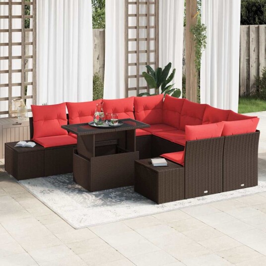vidaXL Hagesofa Set 9 stk. 8-Antall seter Brun og rød polyrotting