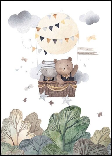 Bear Friends In Hot Air Balloon Nursery Plakat Plakat / 70x100cm