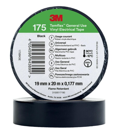 3M Temflex 175 Elektrisk tape 20m x 19mm svart - Elektroverktøy tilbehør