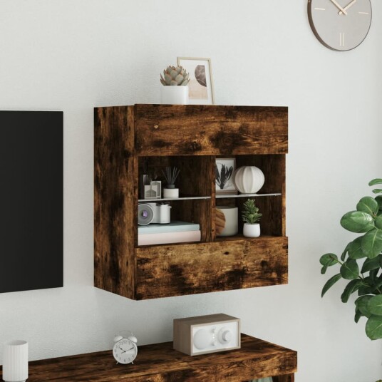 vidaXL Vegghengt TV-benk med LED-lys røkt eik 58,5x30x60,5 cm 8721012256804