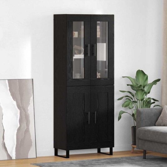  Høyskap 2 pcs Svart Eik Sponplater og glass