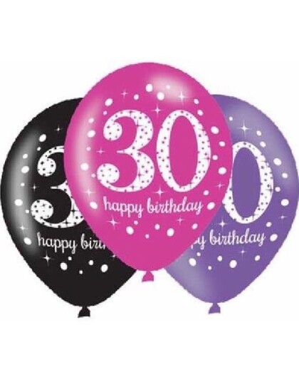 Amscan 30 Års Dagen 6 stk Svart Rosa og Lilla Ballonger 27,5 cm 9900876