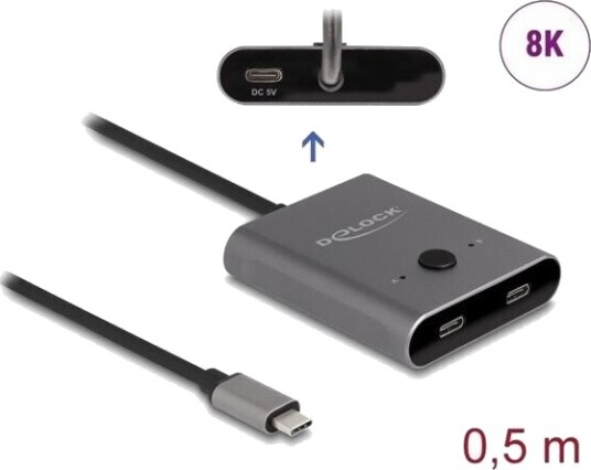 Delock Switch 2 to 1 - Hub - toveis, 8K, 10 Gbps - 2 x USB-C (Power Delivery) - stasjonær