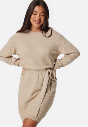 VILA Viril O-neck L/S BELT KNIT DRESS Natural Melange S