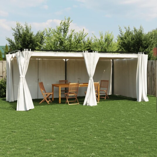Paviljong med gardiner kremhvit 6x3 m stål 4003920