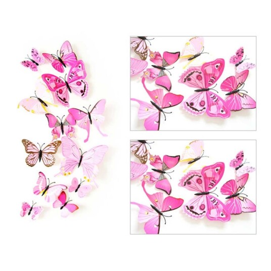 12-pack sommerfugler 3d veggoverføringsdekor Veggdekorasjon rosa