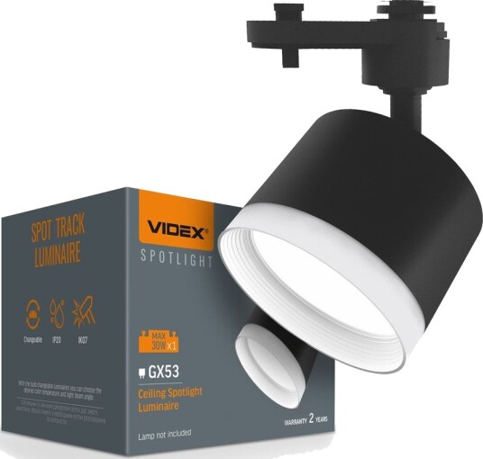 Videx 1 faset GX53 skinnespot Hvit ring uten lyskilde 1F2W Sort