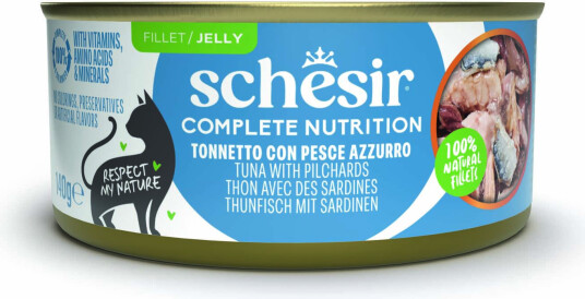 Schesir Våtfôr Complete Nutrition Filet I Gelé Tunfisk Med Sardiner 6 X 140 G