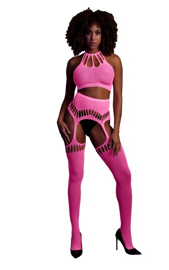Pink Two Piece with Crop Top and Stockings