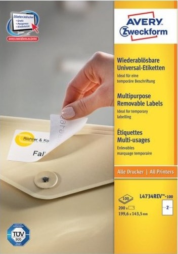 Avery L4734rev 100 Hvit Avrundet Rektangel Avtagbar 199,6 X 143,5 Mm A4 Papir
