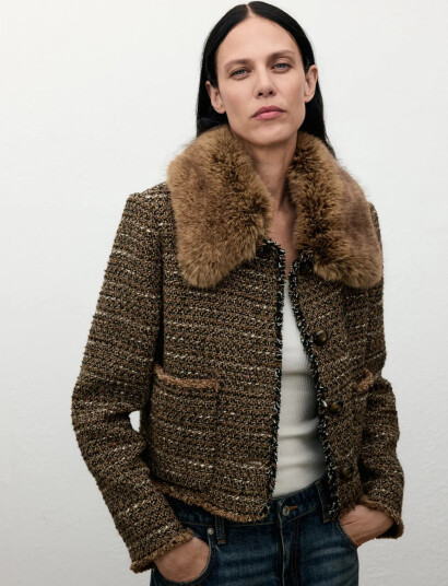 Mango Tweed Jacket With Fur Collar Brown S