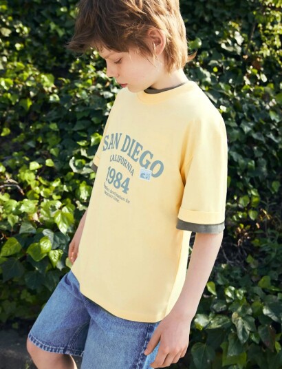 Mango Printed Cotton Blend T Shirt   Yellow   9 10