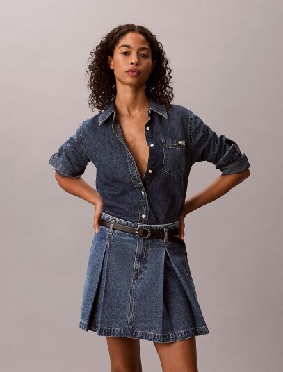 Calvin Klein Jeans Pleated Denim Mini Skirt Tinted Blue 27 Calvin Klein Jeans Pleated Denim Mini Skirt Tinted Blue 27