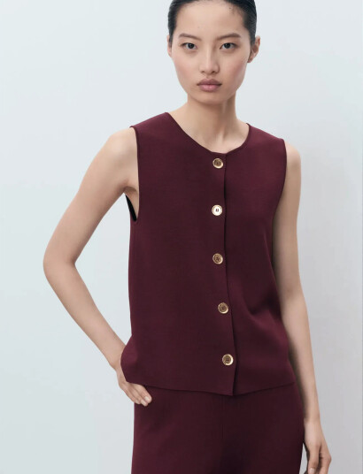 Mango Fine-Knit Gilet - Burgundy - XS