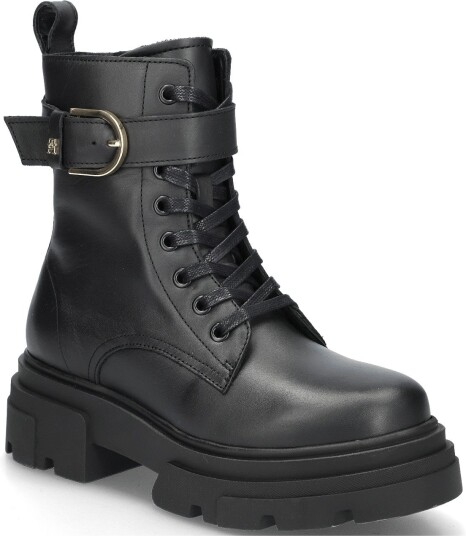 Tommy Hilfiger Leather Th Buckled Lace-Up Boot - BLACK - 36
