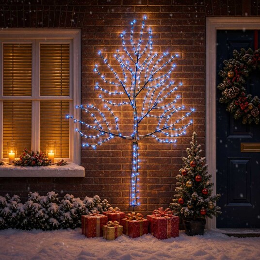 vidaXL Vegghengt LED-juletre 210 cm 312 LED-lys Blå Stål Svart