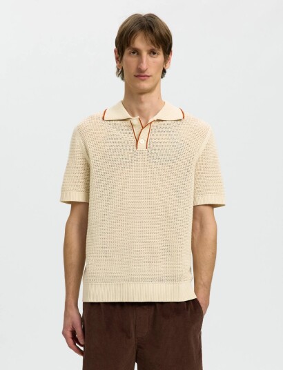Selected Slhjesse Ss Knit Open Structure Polo   Cream   S