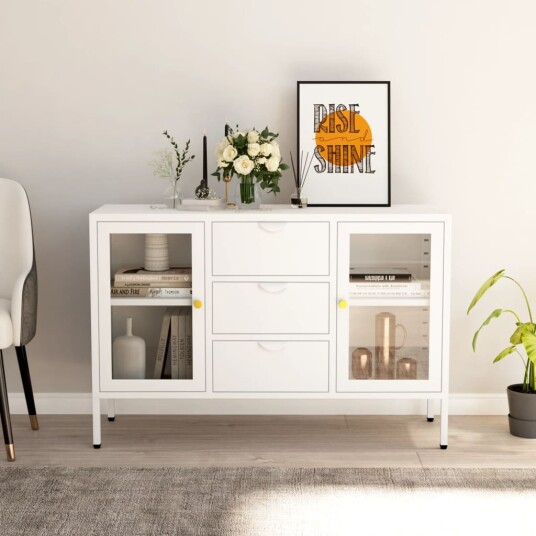 vidaXL Skjenk hvit 105x35x70 cm stål og herdet glass vidaXL Skjenk hvit 105x35x70 cm stål og herdet glass