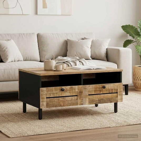 vidaXL Kaffebord Brun og svart 80 x 54 x 40 cm Massiv mango tre