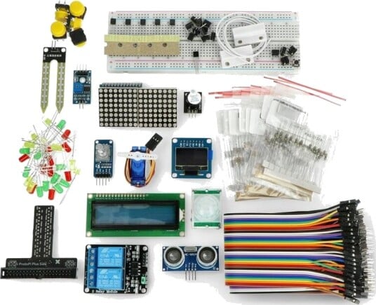 Prototypesett for Raspberry Pi med 21 komponenter – sensorer, display, servo, relé og mer