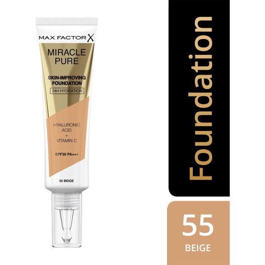 Max Factor Miracle Pure Foundation 55 Beige med SPF30 og Hyaluronsyre, 30ml Max Factor Miracle Pure Foundation 55 Beige med SPF30 og Hyaluronsyre, 30ml