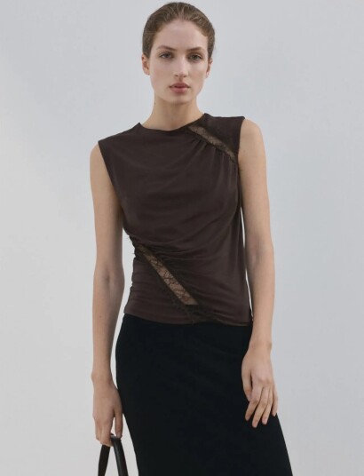 Mango Ruched Fitted Top Brown L