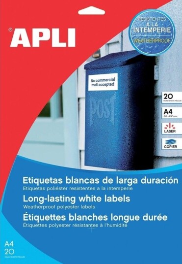 Apli Apli Polyesteretiketter 210X297mm Rektangulær Hvit 20 Ark.