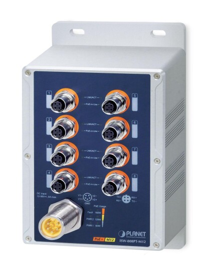 PLANET Switch  8-p 10/100 M12 4xPoE+ Layer2 Industri IP67 DIN M12 RPS B60W