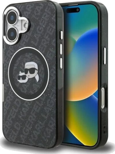 Karl Lagerfeld IML Glitter Karl & Choupette Heads Logo MagSafe Case for iPhone 16 - Black