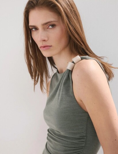 Mango Asymmetric Ruched Top Khaki green L Mango Asymmetric Ruched Top Khaki green L