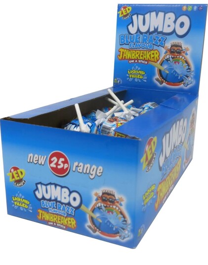 40 stk Zed Jumbo Pop Blue Raspberry   Jawbreaker Kjærlighet på Pinne med Tyggiskjerne   Hel Eske 1,4 kg