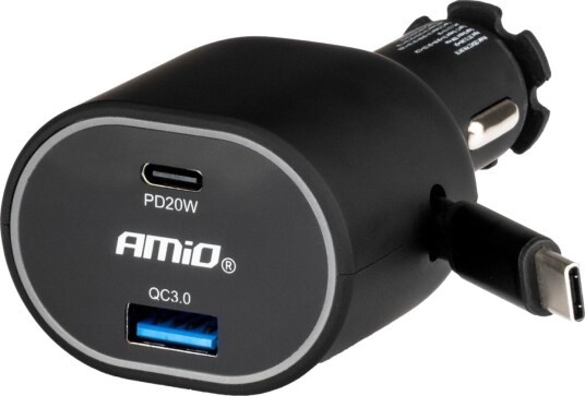 Amio Hurtig Bil-Lader 30W USB-C med Uttrekkbar Kabel Amio Hurtig Bil-Lader 30W USB-C med Uttrekkbar Kabel