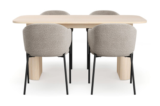 Bark Kopparbo Spisebord 160 cm med 4 Filip Spisestoler Hvit / Taupe Bouclé