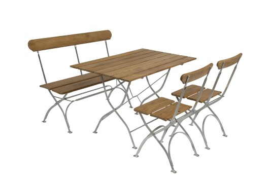 Grythyttan Stålmöbler Bryggeri spisegruppe Teak/galvanisert 2-seter sofa, 2 lenestoler & bord 110x70 cm