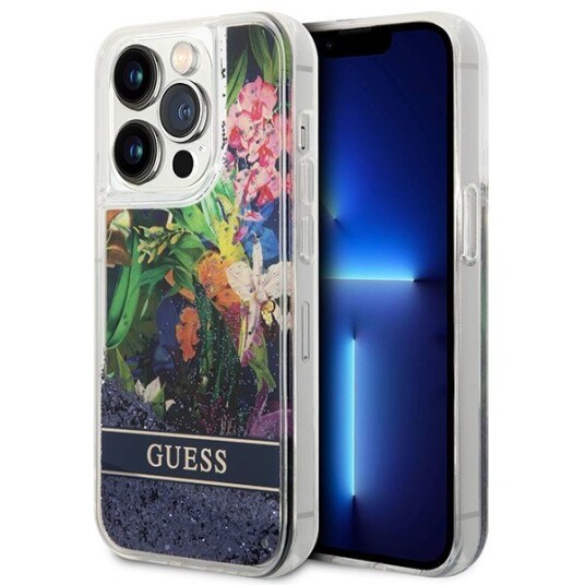Guess Case For Iphone 14 Pro 6,1&Amp Amp Quot  Guhcp14llflsb Blue Hardcase Flower Liquid Glitter