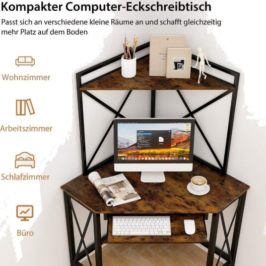 Skrivebord med ladestasjon hjørne databord med tastaturhylle og 2 hyller 113 x 75 x 145 cm Rustikk brun + svart