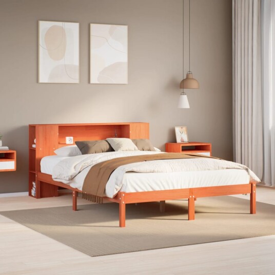  Seng med bokhylle uten madrass voksbrun 140x200 cm heltre furu 8721158603418