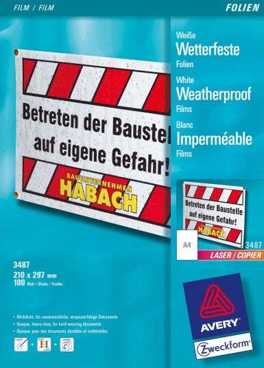 Avery Zweckform 3487 130 Mikroner Hvit A4 210 X 297 Mm 100 Ark Film