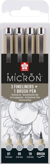 Sakura Pigma Micron Fineliner Sett 01 05 10 Brush Lys Grå 4 stk Sakura Pigma Micron Fineliner Sett 01 05 10 Brush Lys Grå 4 stk