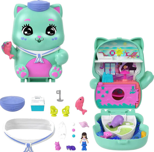 Polly Pocket Sjømannskattekiste Lekesett med Dukke og Kattunger - Figur for Reiselek