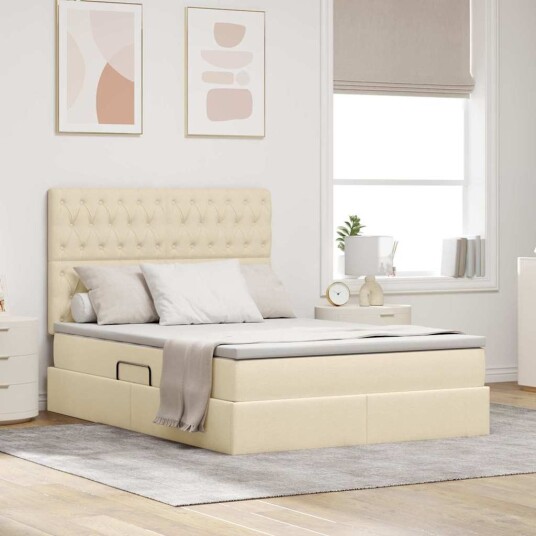 Seng med Oppbevaring med madrass Creme 140 x 200 cm Kunstlær Seng med Oppbevaring med madrass Creme 140 x 200 cm Kunstlær