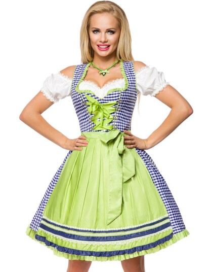 Tradisjonell Royalblå og Hvit Oktoberfest Korsettkjole i Luksuskvalitet med Forkle Strl M