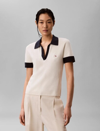 Calvin Klein Jeans Woven Label Ss Polo Cream M