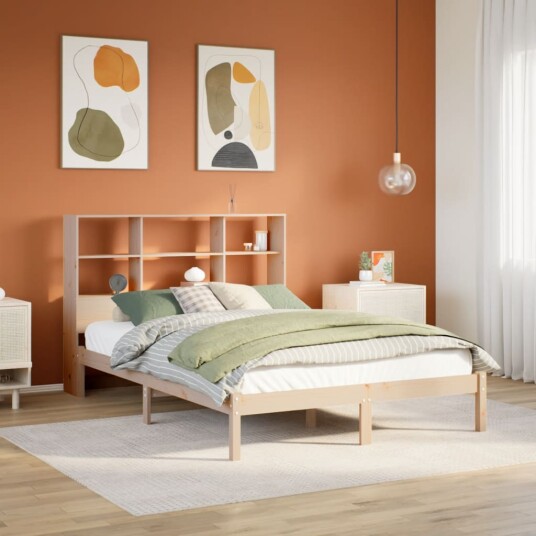 Seng med bokhylle uten madrass 140x190 cm heltre furu 8721158603661