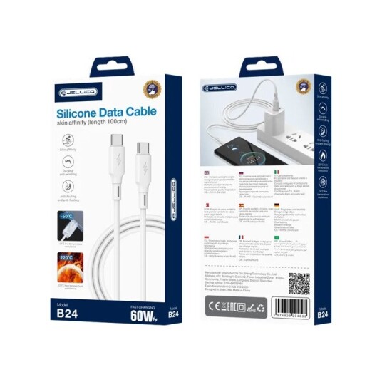 Jellico Usb c Til Usb c Silikonkabel 60W 100cm – Hvit