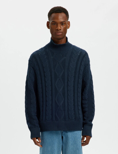 Selected Slhuffe Ls Knit Relaxed Cable High Neck - Navy - XL Selected Slhuffe Ls Knit Relaxed Cable High Neck - Navy - XL